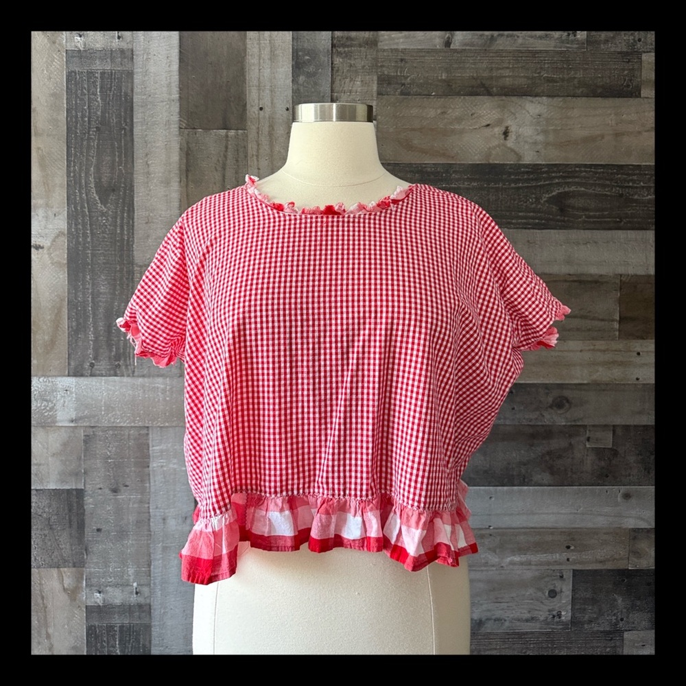 Handmade red gingham plaid ruffle trim top large festival boho garden party